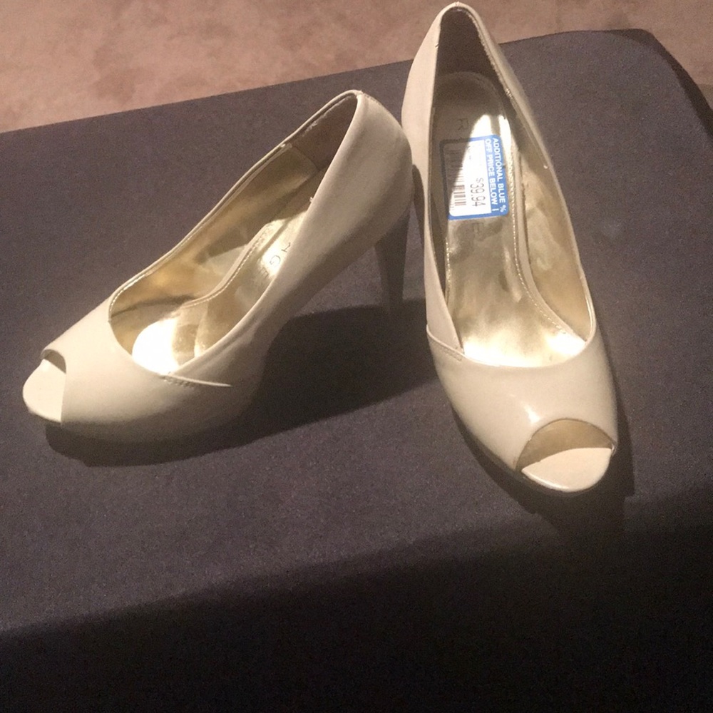 Tan peel toe high heels